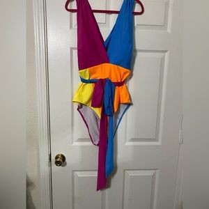Multicolored One Piece Bathing Suit With Bow In Front